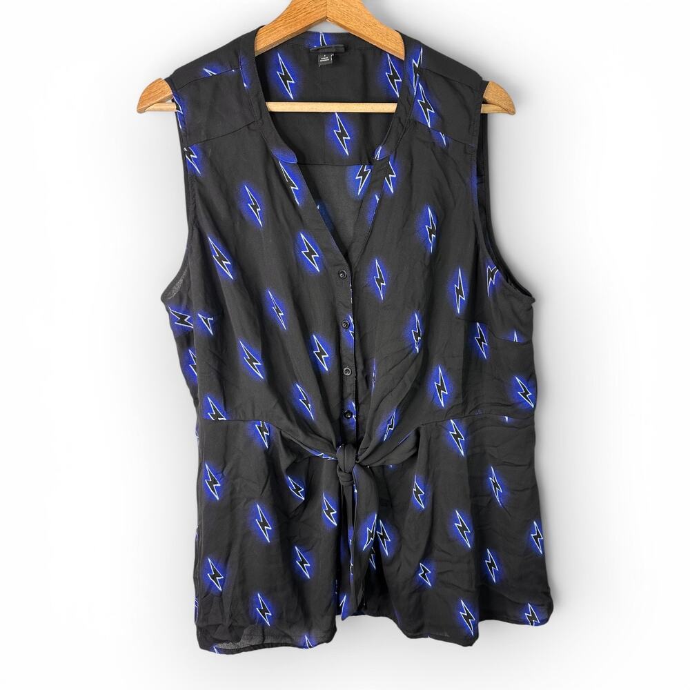 Torrid Lightning Bolt Tie Front Blouse Womens Size 1 Plus 1X Black Blue Top